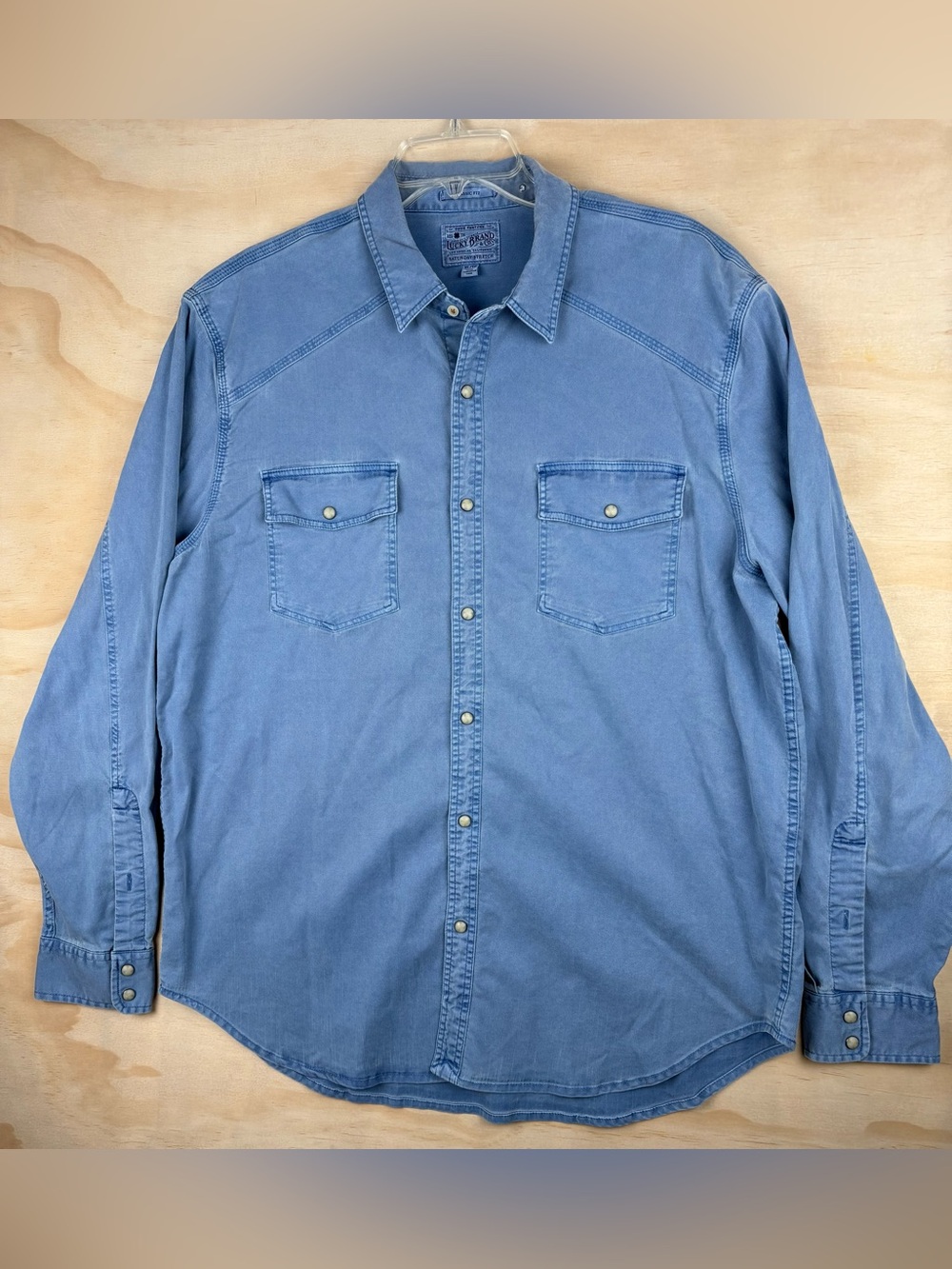 Lucky Brand Saturday Stretch Classic Fit Button Down Shirt Blue Pearl Snap XL